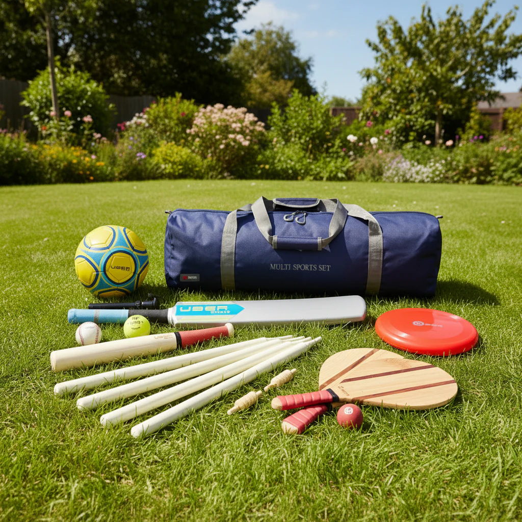 uber-games-multi-sports-set-1 - Masters Traditional Games Blue multi-sports bag on a sunny lawn with cricket bats, balls, and a red disc nearby.