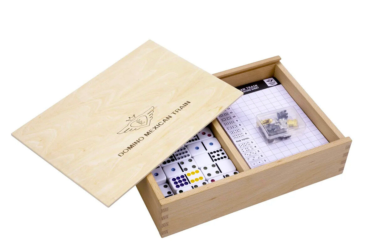 Deluxe Double 12 Mexican Train Dominoes in Wooden Box - Masters Traditional Games Deluxe Double 12 Mexican Train Dominoes in Wooden Box