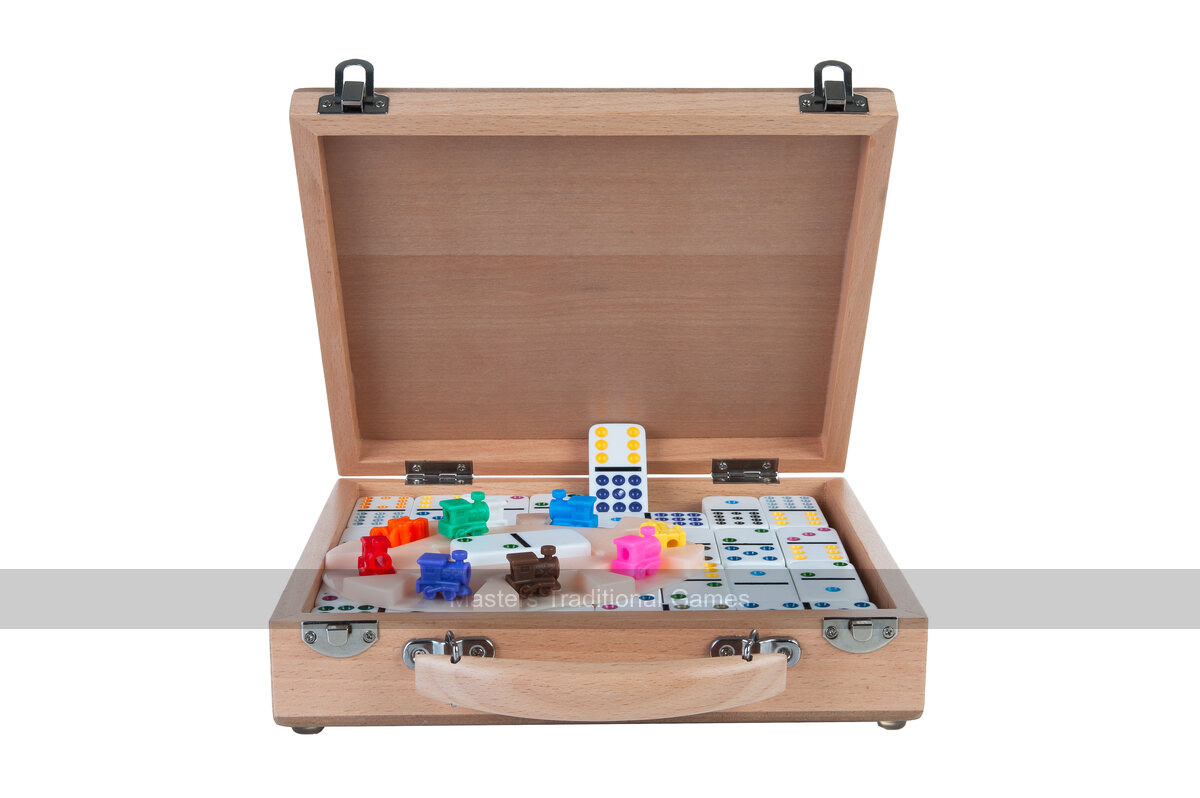 Hot Sports Mexican Train Dominoes in Wooden Case - Masters Traditional Games Hot Sports Mexican Train Dominoes in Wooden Case
