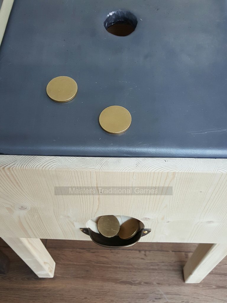 Toad in the Hole Table with 4 Brass Toads - lead lined playing surface (unfinished wood) - Masters Traditional Games Toad in the Hole Table with 4 Brass Toads - lead lined playing surface (unfinished wood)