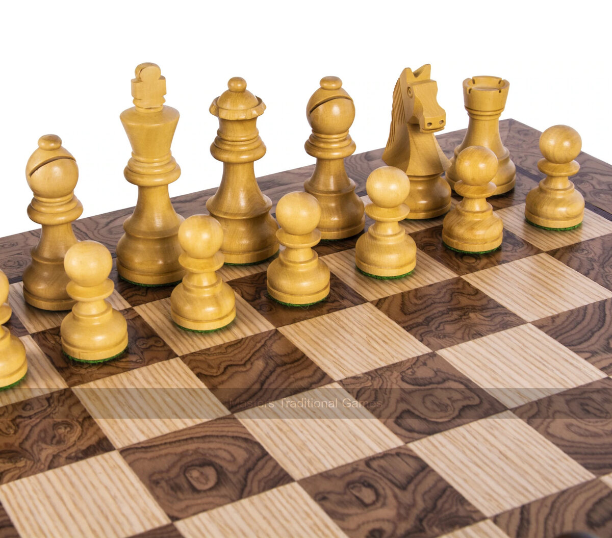 Manopoulos Walnut Burl Chess Set with Staunton Chessmen - Masters Traditional Games Manopoulos Walnut Burl Chess Set with Staunton Chessmen