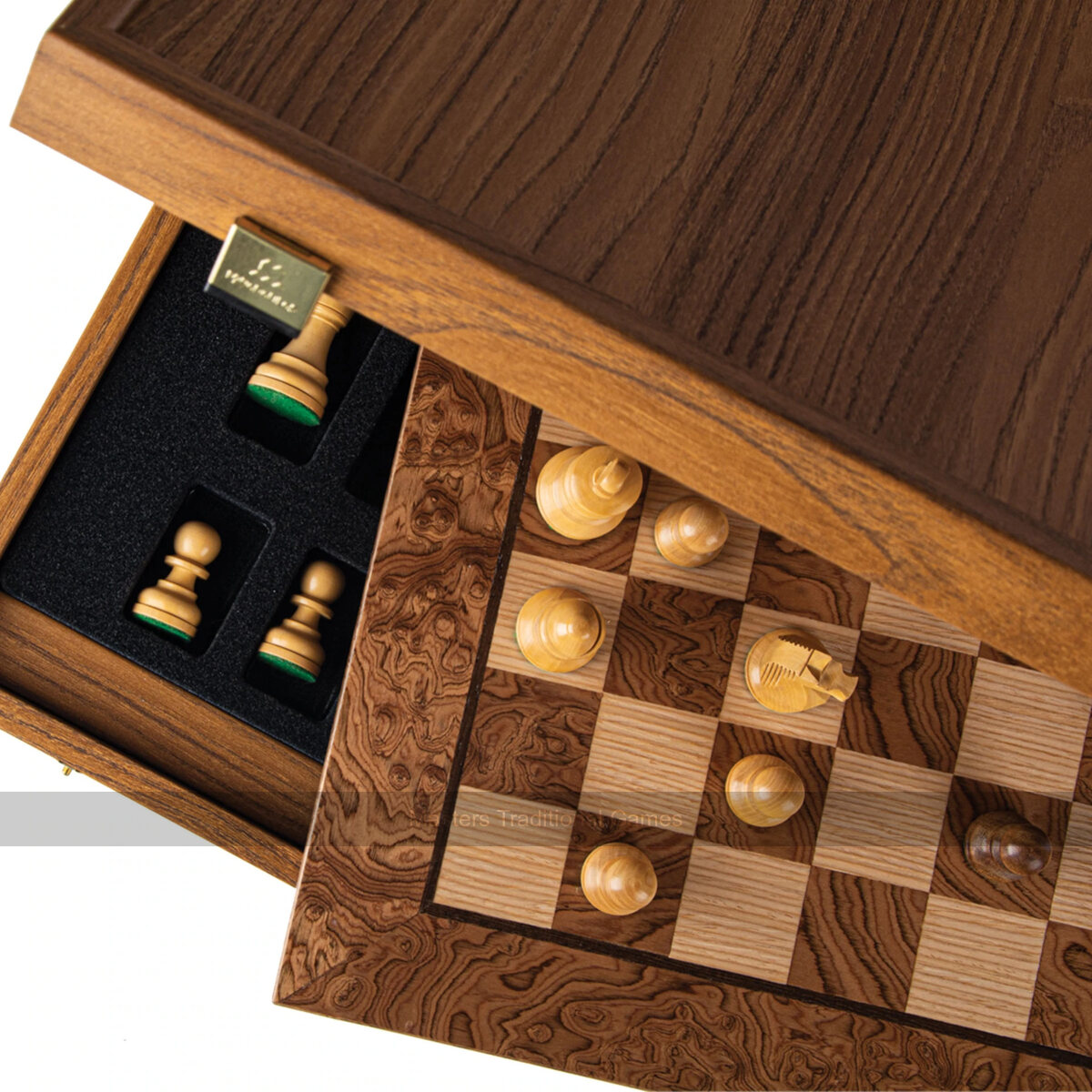 Manopoulos Walnut Burl Chess Set with Staunton Chessmen - Masters Traditional Games Manopoulos Walnut Burl Chess Set with Staunton Chessmen