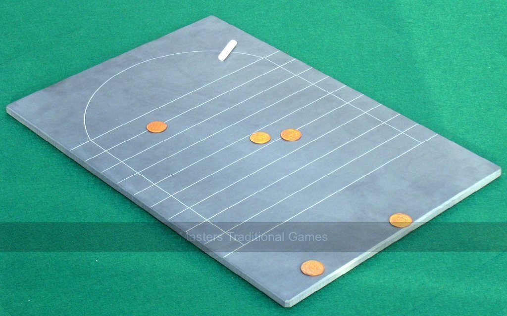 Masters Slate Shove Ha'penny board (21 x 14 inch smoothed ha'pennies - head side visible) - Masters Traditional Games Masters Slate Shove Ha'penny board (21 x 14 inch smoothed ha'pennies - head side visible)