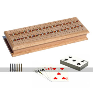 Cabinet Cribbage Set - 3 Track Solid Oak Board with Pegs & Cards - Masters Traditional Games shop Cabinet Cribbage Set - 3 Track Solid Oak Board with Pegs & Cards