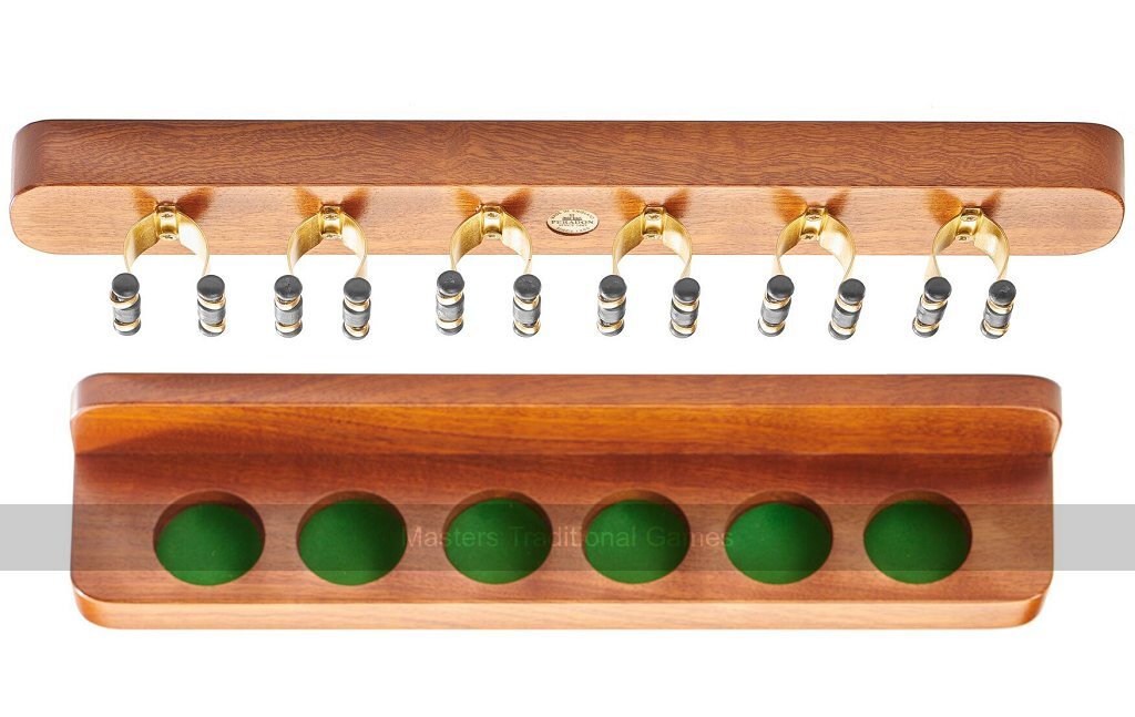 Premium Mahogany Cue Rack with Brassed Clips, Made in UK (Holds 6 Cues) - Masters Traditional Games shop Premium Mahogany Cue Rack with Brassed Clips, Made in UK (Holds 6 Cues)