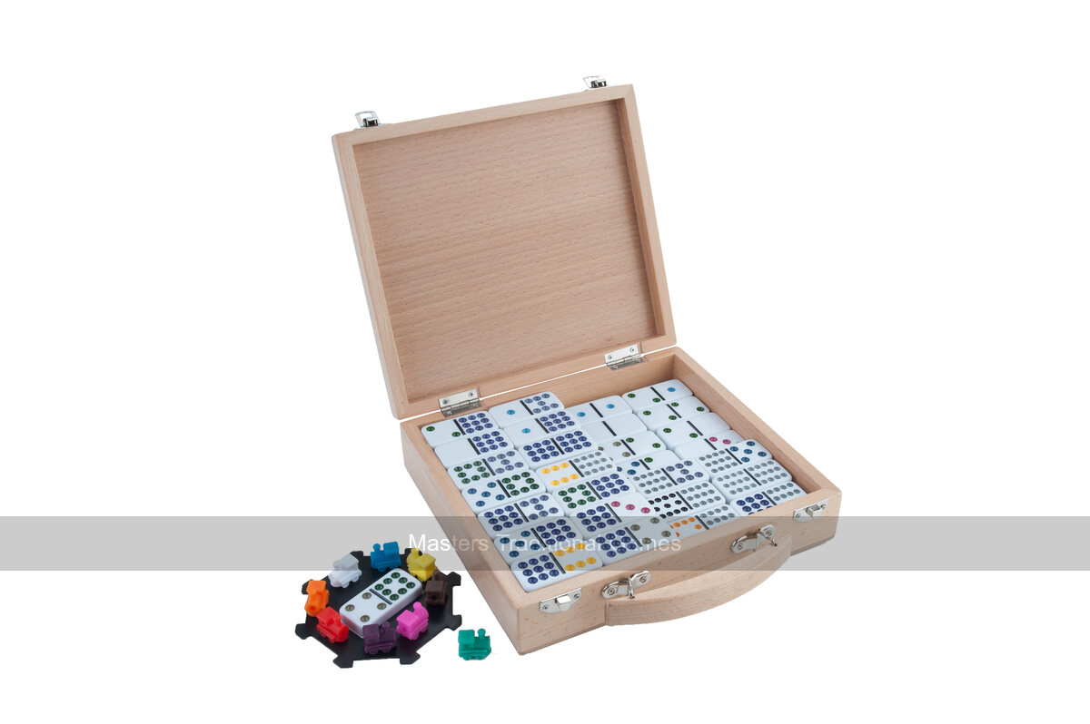 Hot Sports Mexican Train Dominoes in Wooden Case - Masters Traditional Games Hot Sports Mexican Train Dominoes in Wooden Case
