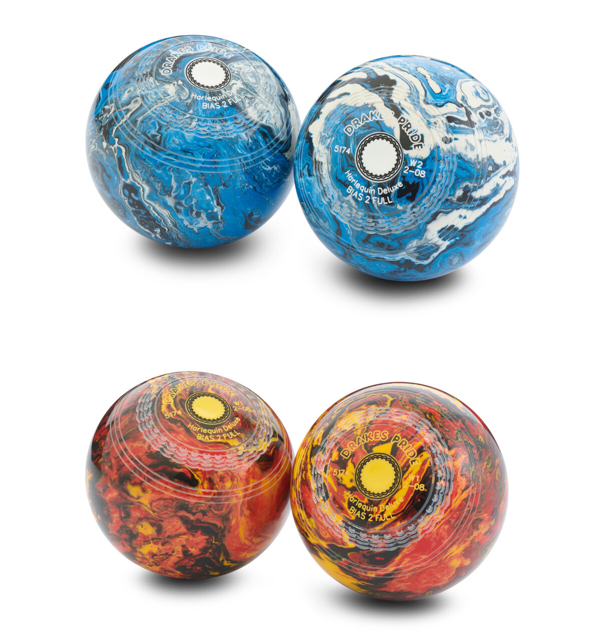 Drakes Pride Harlequin Swirl Deluxe Crown Green Bowls (pair, with grips) - Masters Traditional Games shop Drakes Pride Harlequin Swirl Deluxe Crown Green Bowls (pair, with grips)