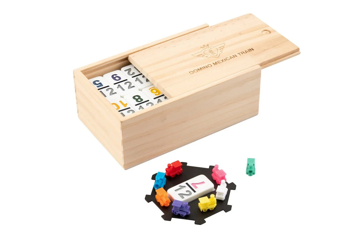 Double 12 Mexican Train Dominoes with numbers in wooden box - Masters Traditional Games Double 12 Mexican Train Dominoes with numbers in wooden box