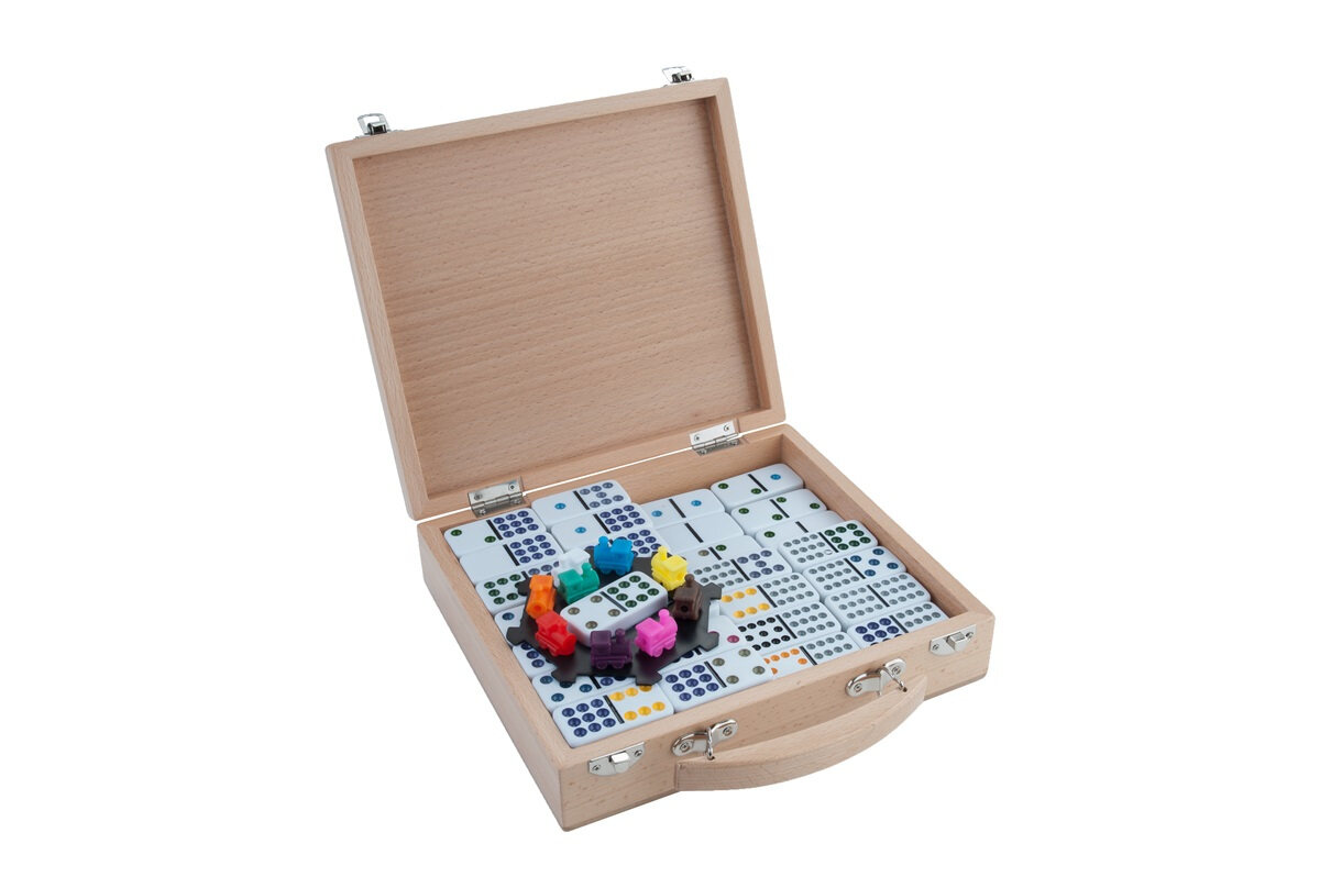 Longfield Games Mexican Train Dominoes in Wooden Case - Masters Traditional Games shop Longfield Games Mexican Train Dominoes in Wooden Case