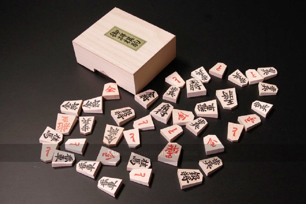 Wooden Shogi Pieces in Box - Stamped, Aoka Wood - Masters Traditional Games Wooden Shogi Pieces in Box - Stamped, Aoka Wood