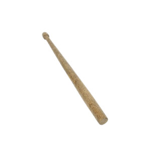 Close-up of a light brown wooden drumstick with a rounded tip, angled diagonally across a white background