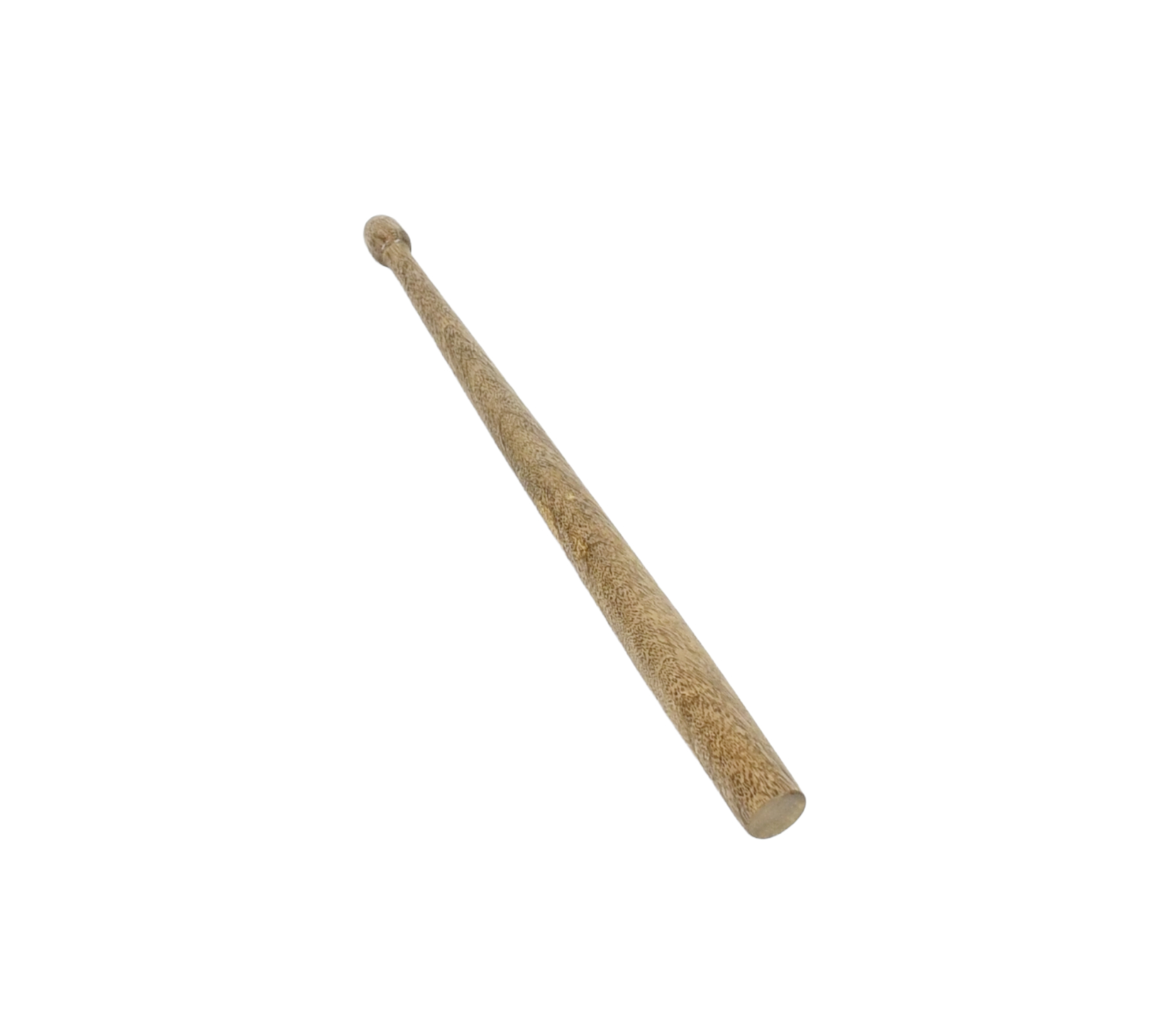 bagatelle-cue-1 - Masters Traditional Games Close-up of a light brown wooden drumstick with a rounded tip, angled diagonally across a white background