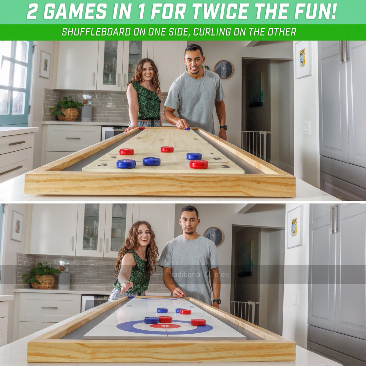 GoSports 6 foot Table Shuffleboard & Curling 2-in-1 Game - Masters Traditional Games shop GoSports 6 foot Table Shuffleboard & Curling 2-in-1 Game