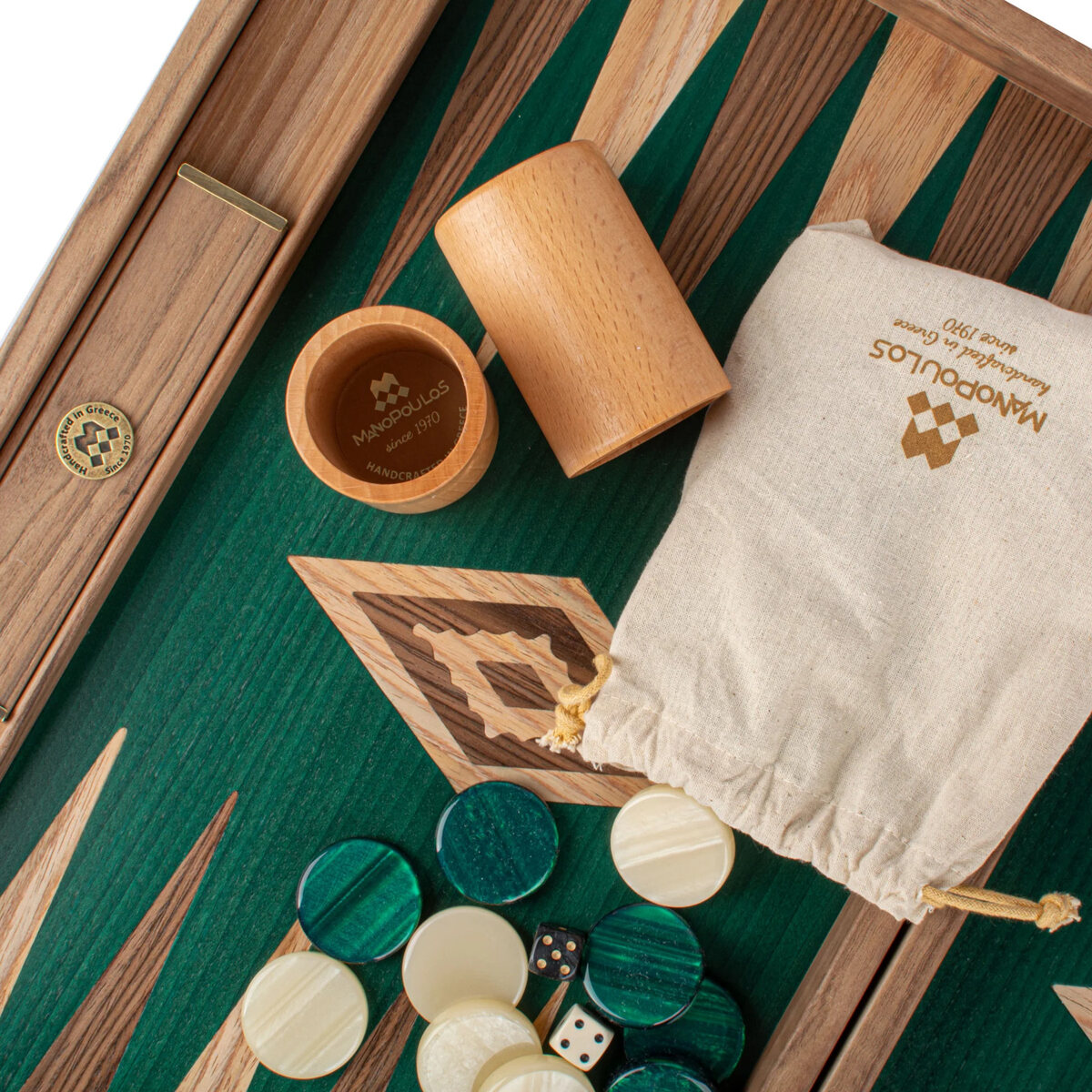 Manopoulos Premium Walnut with Green Oak 19-inch Wooden Backgammon Set - Masters Traditional Games Manopoulos Premium Walnut with Green Oak 19-inch Wooden Backgammon Set