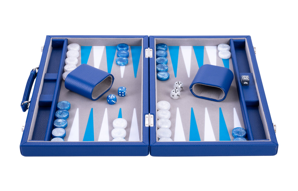 Engelhart Grey, Blue and White 15 inch Backgammon Set - Masters Traditional Games Engelhart Grey, Blue and White 15 inch Backgammon Set