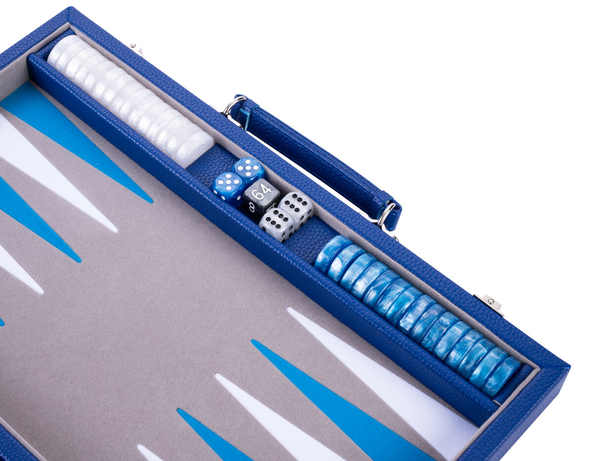Engelhart Grey, Blue and White 15 inch Backgammon Set - Masters Traditional Games Engelhart Grey, Blue and White 15 inch Backgammon Set