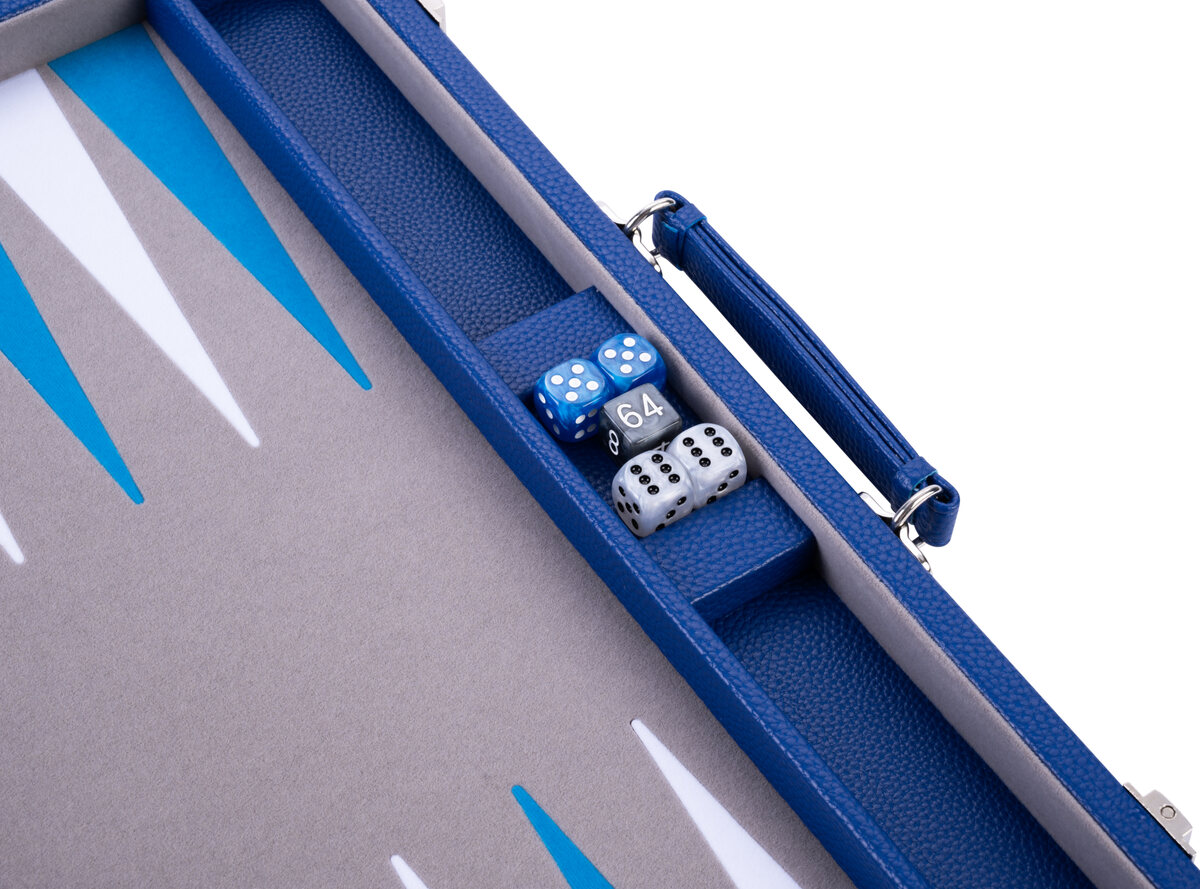 Engelhart Grey, Blue and White 15 inch Backgammon Set - Masters Traditional Games Engelhart Grey, Blue and White 15 inch Backgammon Set