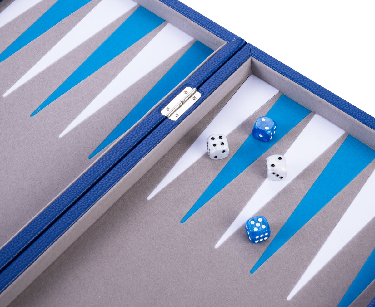 Engelhart Grey, Blue and White 15 inch Backgammon Set - Masters Traditional Games Engelhart Grey, Blue and White 15 inch Backgammon Set