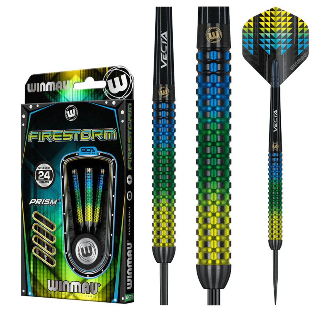 Winmau Firestorm 90% Tungsten Steel Tip Darts - 24g - Masters Traditional Games shop Winmau Firestorm 90% Tungsten Steel Tip Darts - 24g