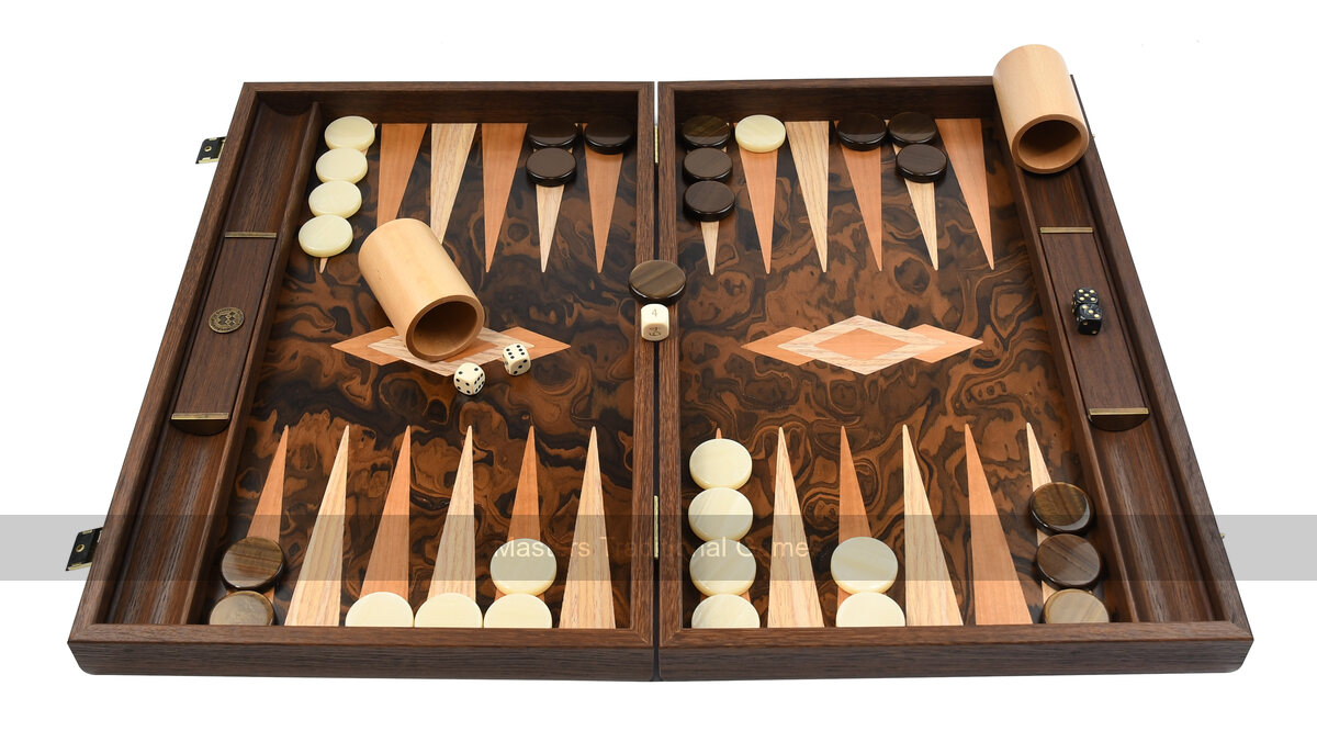 Manopoulos Luxury Dark Walnut Burl 19-inch Backgammon Set - Masters Traditional Games shop Manopoulos Luxury Dark Walnut Burl 19-inch Backgammon Set