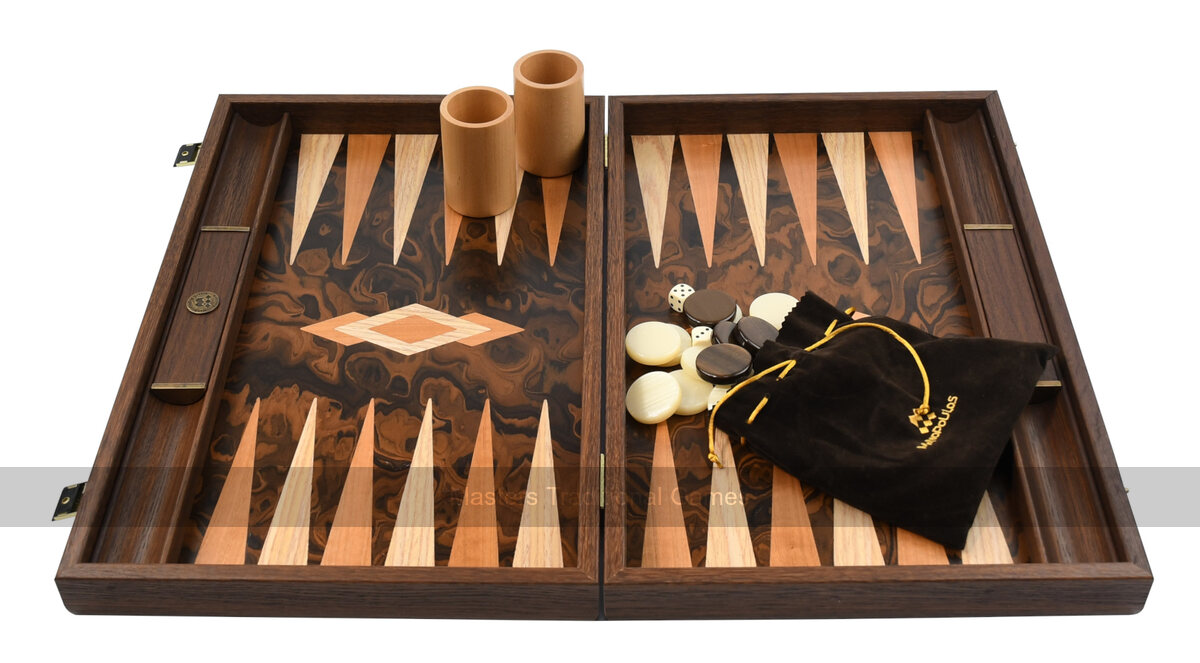 Manopoulos Luxury Dark Walnut Burl 19-inch Backgammon Set - Masters Traditional Games shop Manopoulos Luxury Dark Walnut Burl 19-inch Backgammon Set