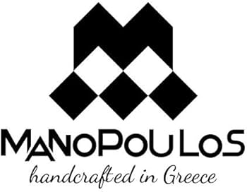 Manopoulos logo with a geometric black emblem above the word 'MANOPOULOS' and 'handcrafted in Greece' text beneath.