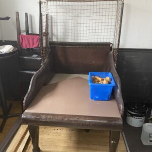 Old wooden table with a brown ramp inside a metal net enclosure; a blue bin of potatoes sits on the ramp.