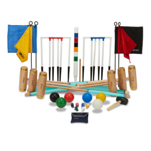 Complete croquet set laid out: mallets, balls, wickets, and flags on a white background.