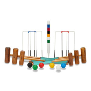 Croquet set arranged for play: mallets, balls, wickets and a central scoring stake on a white background.