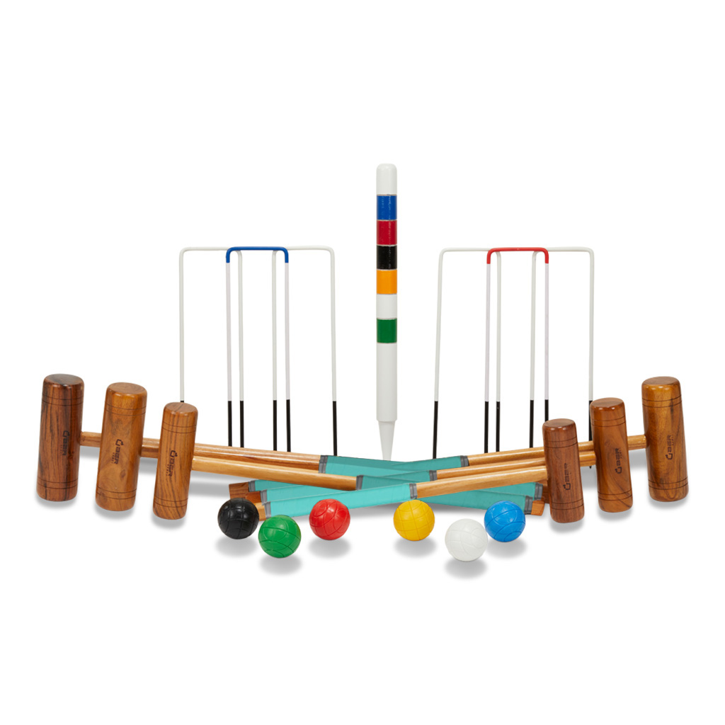 uber-games-family-croquet-set-6-player-1 - Masters Traditional Games Croquet set arranged for play: mallets, balls, wickets and a central scoring stake on a white background.
