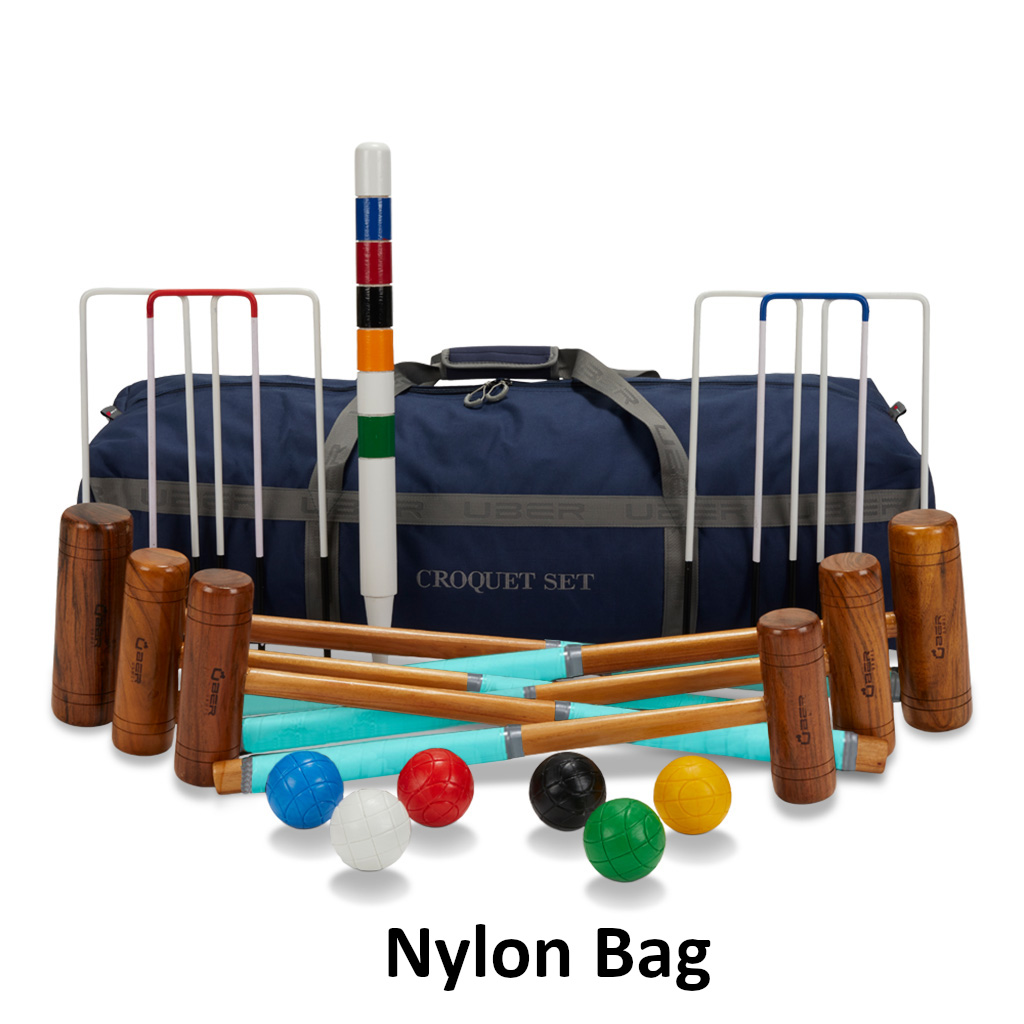 uber-games-family-croquet-set-6-player-2 - Masters Traditional Games Croquet set with wooden mallets, colored balls, and a blue nylon carrying bag.