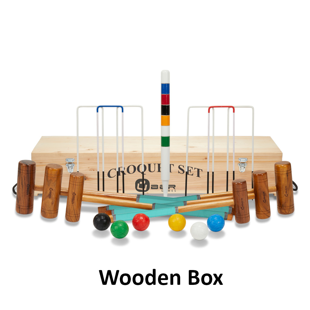 uber-games-family-croquet-set-6-player-3 - Masters Traditional Games Croquet set displayed with a wooden storage box, mallets, wickets, and colorful balls in front of it.
