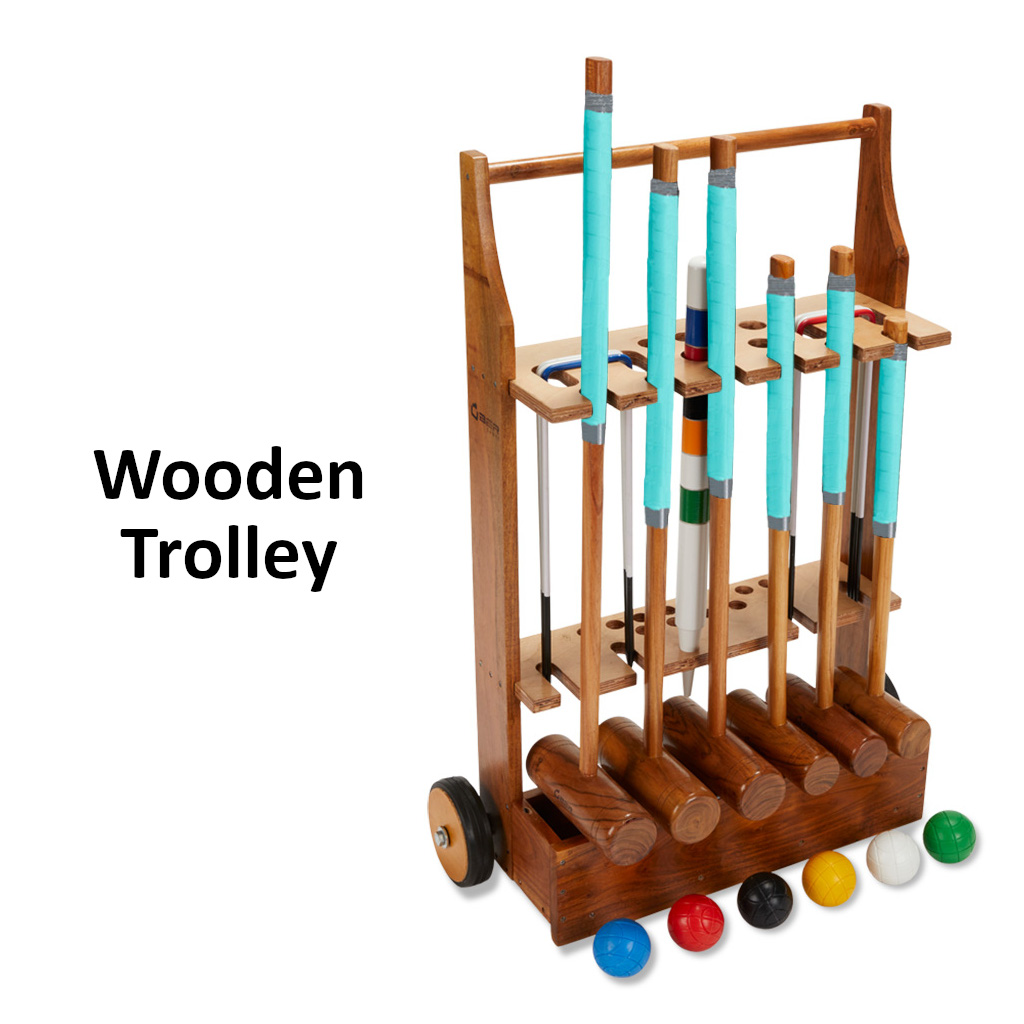 uber-games-family-croquet-set-6-player-4 - Masters Traditional Games Wooden croquet set on a wheeled rack with multiple mallets and colored balls nearby.