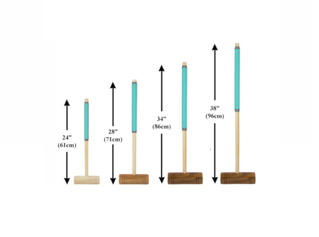 uber-games-family-croquet-set-6-player-5 - Masters Traditional Games Graphic showing five vertical pencil-and-handle figures mounted on wood bases, with arrows indicating increasing heights: 24", 28", 34", and 38" (61 cm, 71 cm, 86 cm, 96 cm).