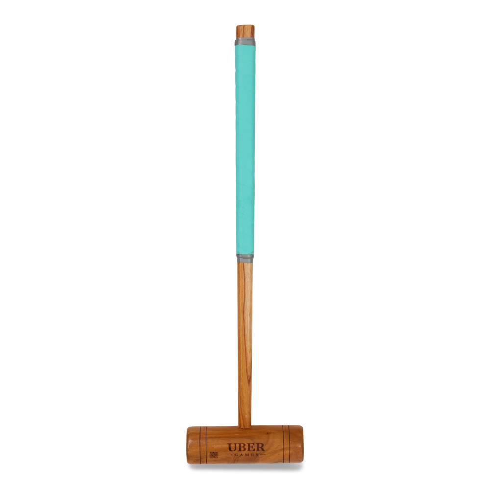 uber-games-family-croquet-set-6-player-6 - Masters Traditional Games Wooden mallet with a turquoise grip and Uber Games branding on the head.
