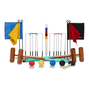 Complete croquet set: mallets, wickets, center stake, color balls, and flags on white background.
