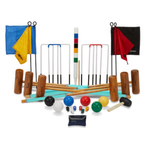 Backyard lawn game set including croquet mallets, balls, wickets, colored flags, and a carrying bag.